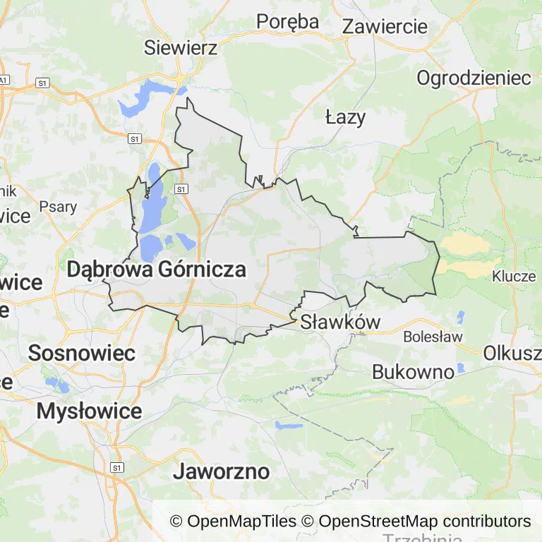 Mapa z zaznaczoną Dąbrowie Górniczej