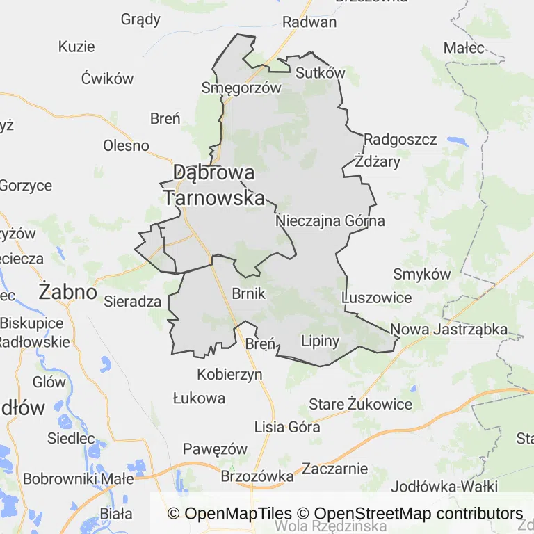 Mapa z zaznaczoną Dąbrowie Tarnowskiej