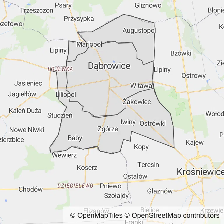 Mapa z zaznaczonymi Dąbrowicami