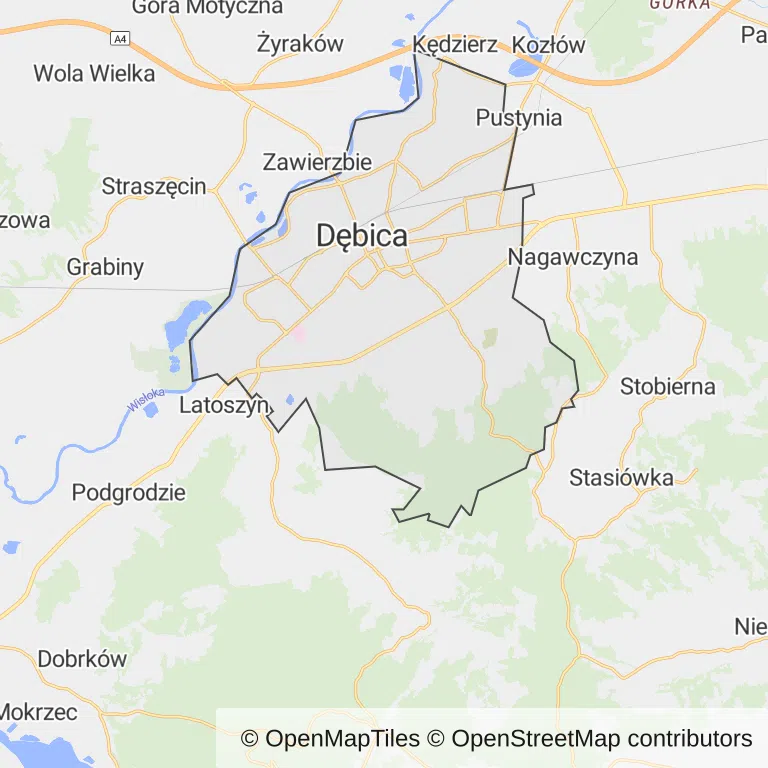 Mapa z zaznaczonym Dębicy