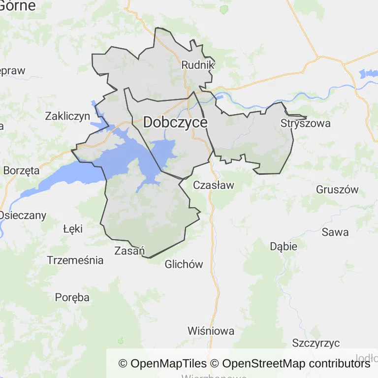 Mapa z zaznaczonymi Dobczycami
