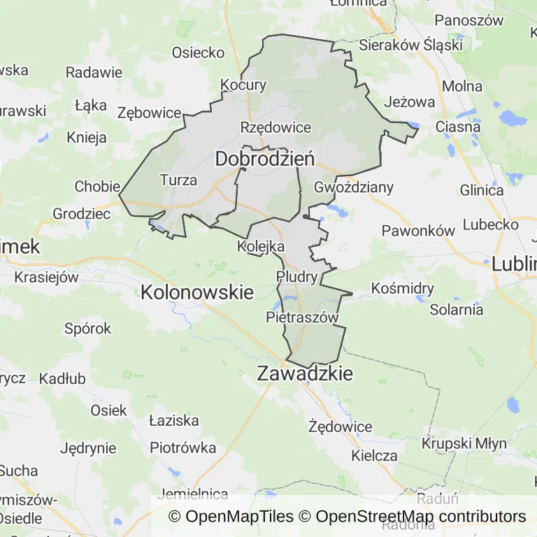 Mapa z zaznaczonym Dobrodzieniu