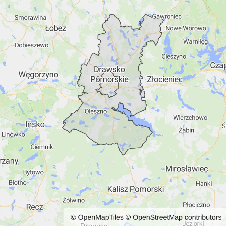 Mapa z zaznaczonym Drawsku Pomorskim