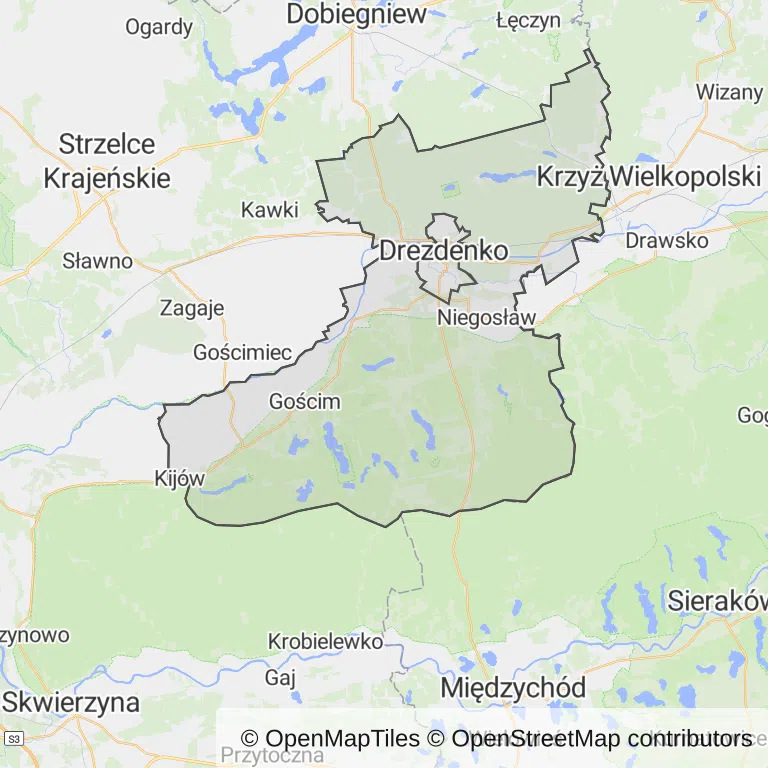 Mapa z zaznaczonym Drezdenkiem