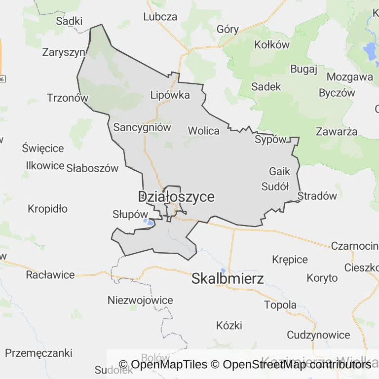 Mapa z zaznaczonymi Działoszycami