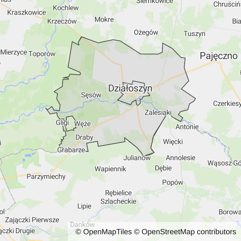 Mapa z zaznaczonym Działoszynem