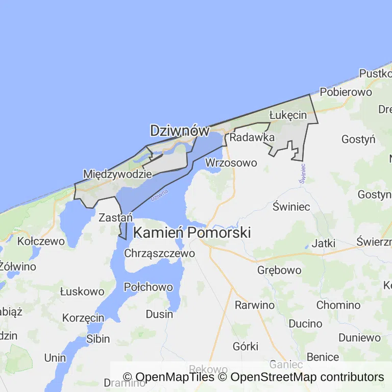 Mapa z zaznaczonym Dziwnowem