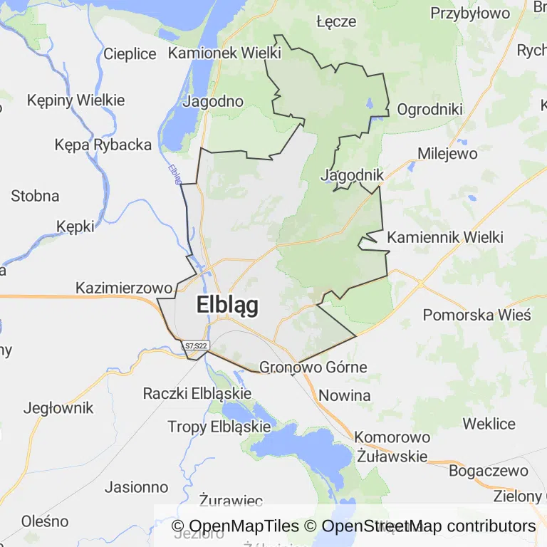 Mapa z zaznaczonym Elblągiem
