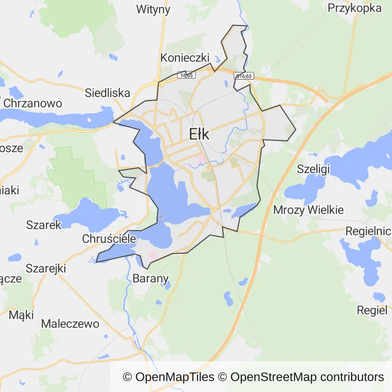 Mapa z zaznaczonym Ełkiem