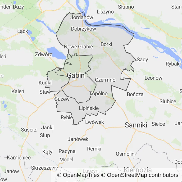 Mapa z zaznaczonym Gąbinem