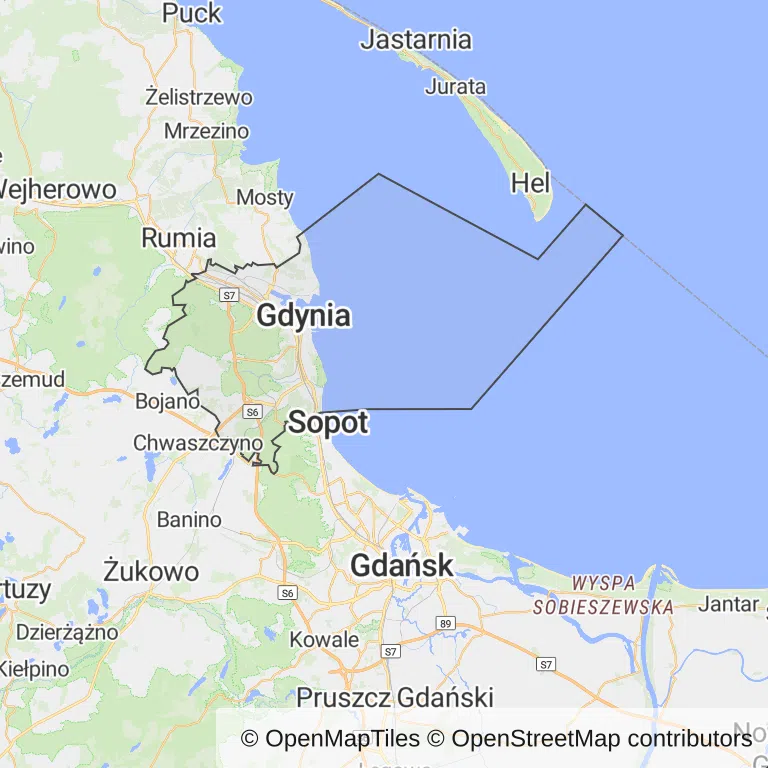 Mapa z zaznaczoną Gdynią