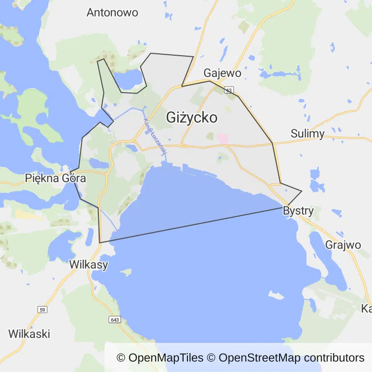 Mapa z zaznaczonym Giżyckiem