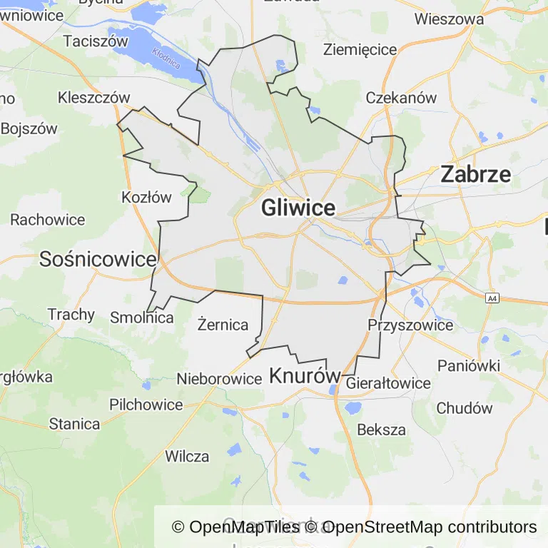 Mapa z zaznaczonymi Gliwicami