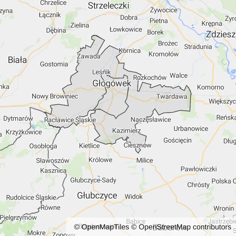Mapa z zaznaczonym Głogówkiem