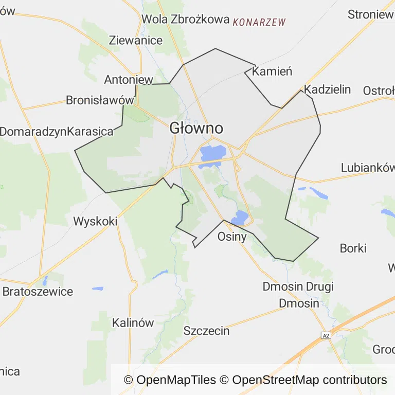 Mapa z zaznaczonym Głownem