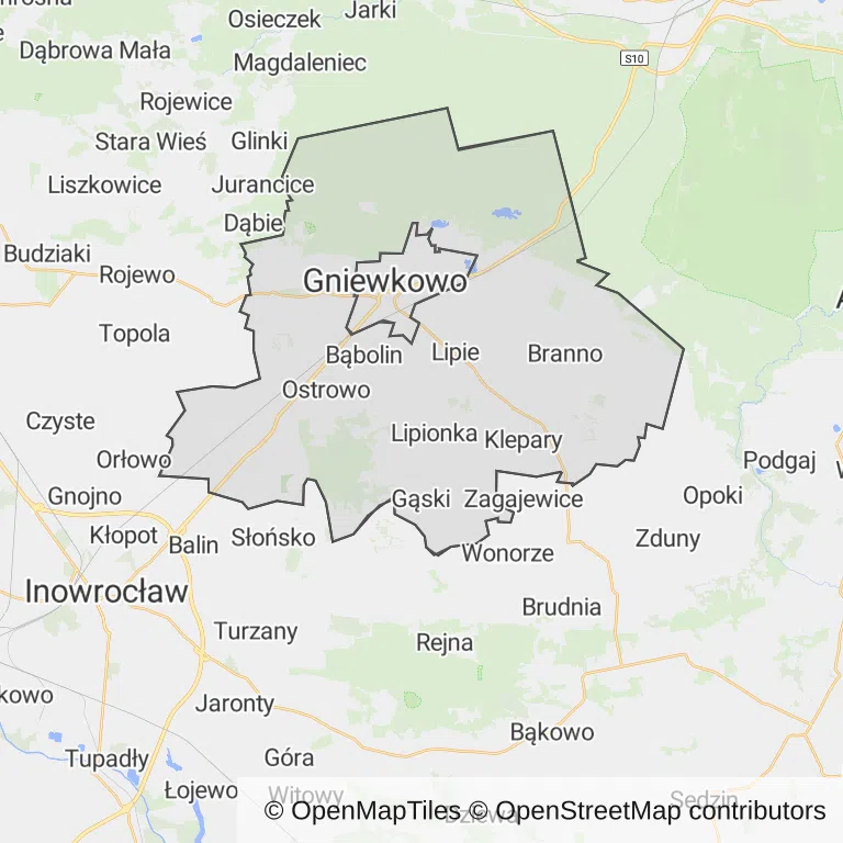 Mapa z zaznaczonym Gniewkowem
