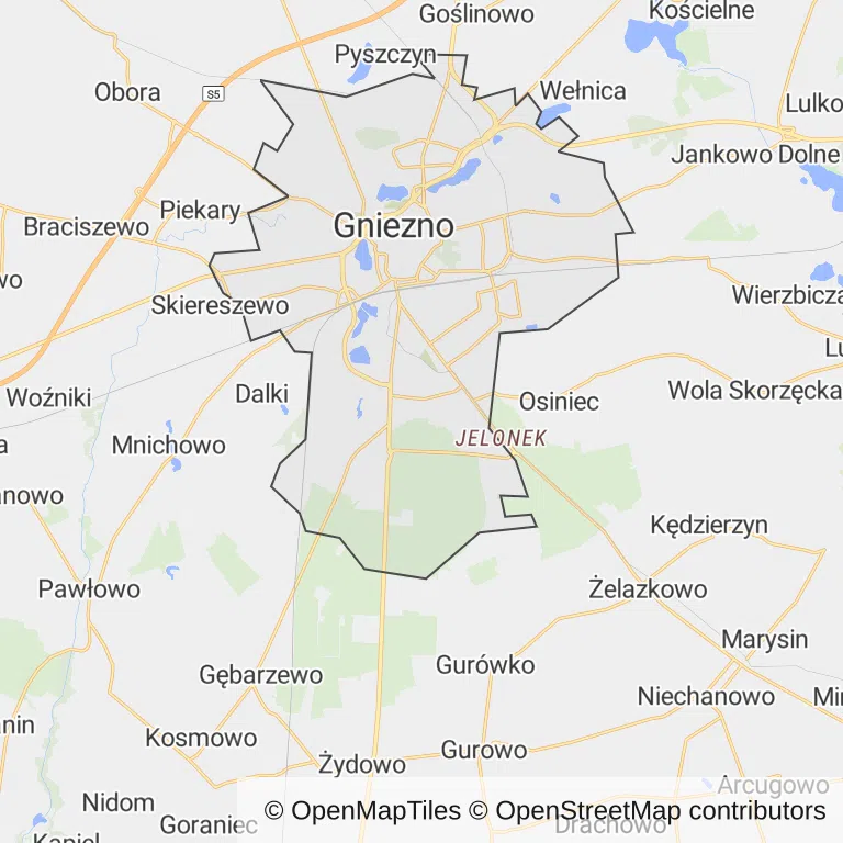 Mapa z zaznaczonym Gnieźnem