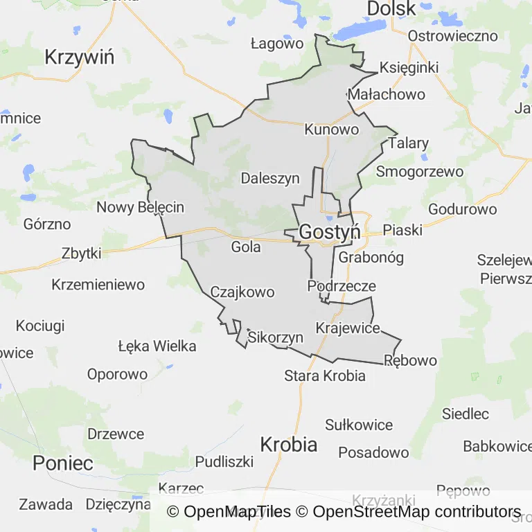 Mapa z zaznaczonym Gostyniu