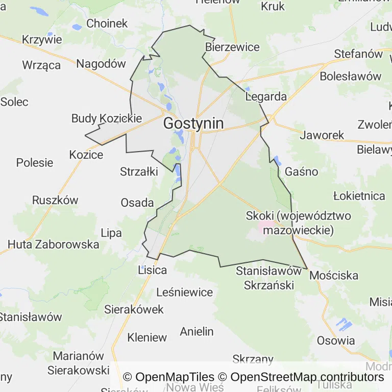 Mapa z zaznaczonym Gostyninem