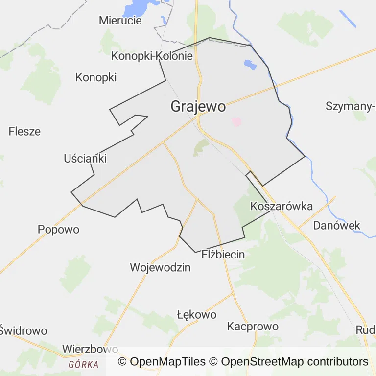 Mapa z zaznaczonym Grajewem