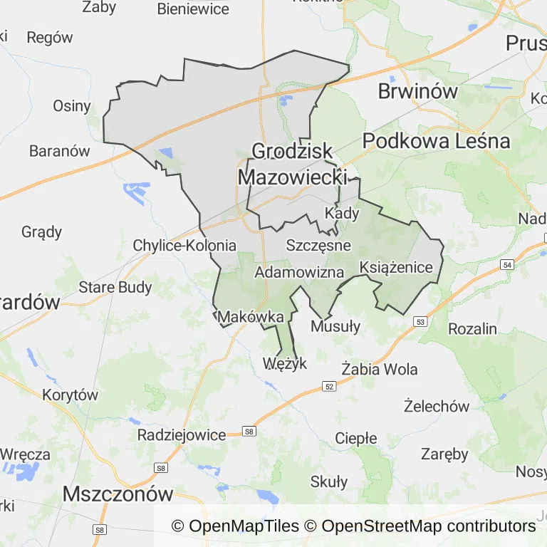 Mapa z zaznaczonym Grodzisku Mazowieckim