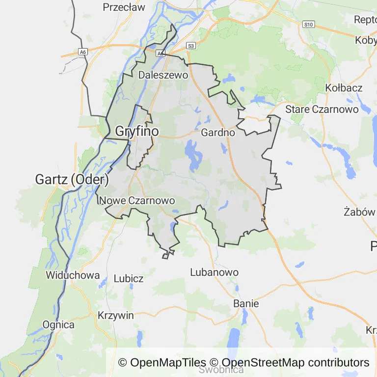 Mapa z zaznaczonym Gryfinem