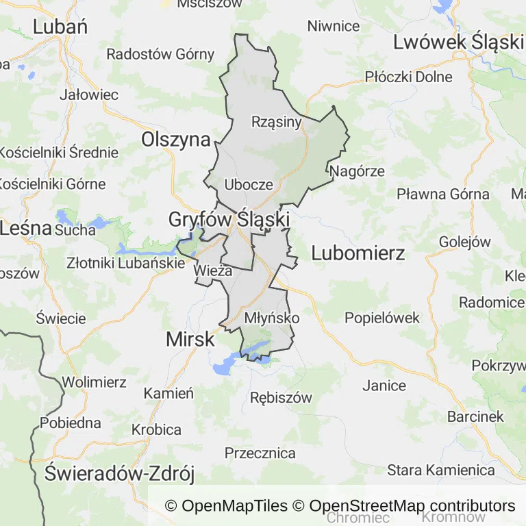 Mapa z zaznaczonym Gryfowie Śląskim