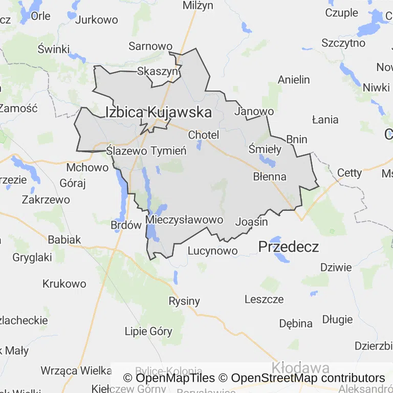 Mapa z zaznaczoną Izbicy Kujawskiej