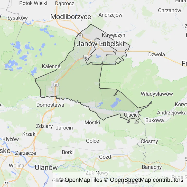 Mapa z zaznaczonym Janowie Lubelskim