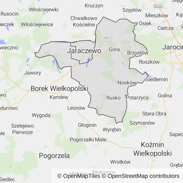 Mapa z zaznaczonym Jaraczewem