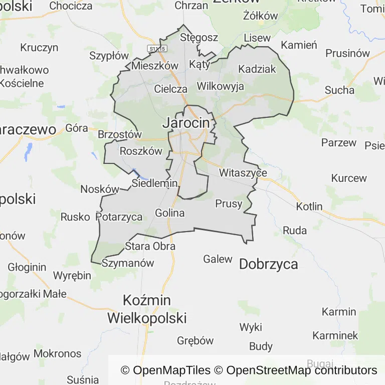 Mapa z zaznaczonym Jarocinem