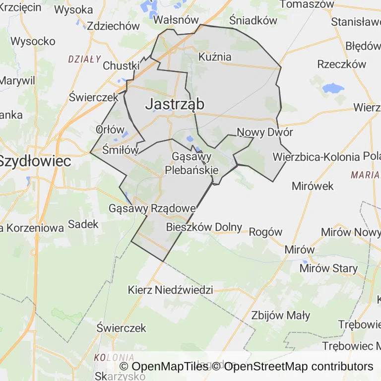Mapa z zaznaczonym Jastrzębiu