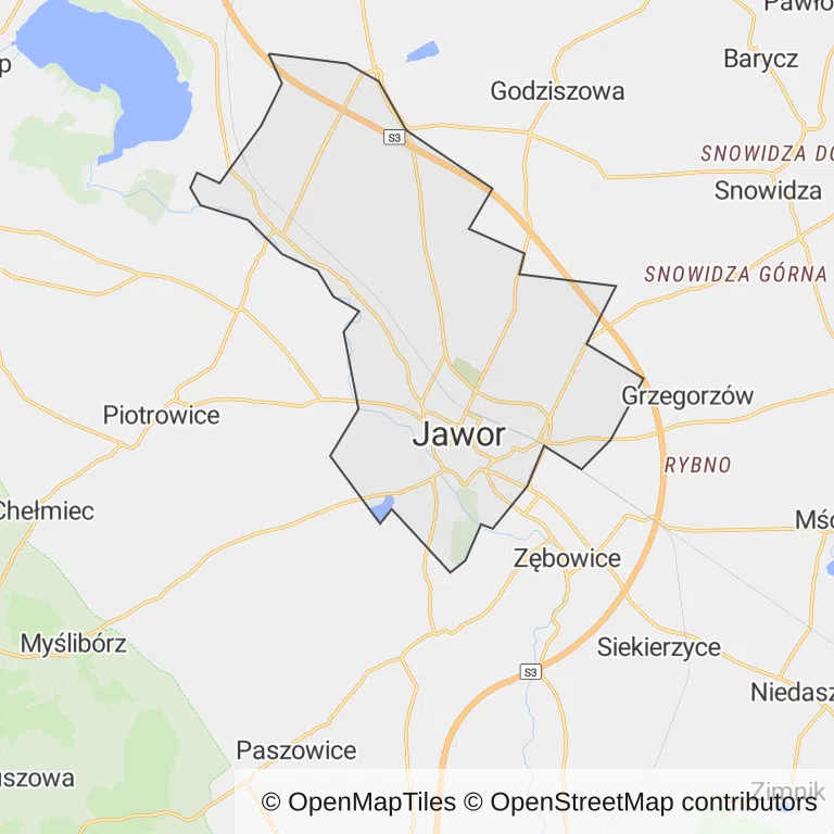 Mapa z zaznaczonym Jaworze