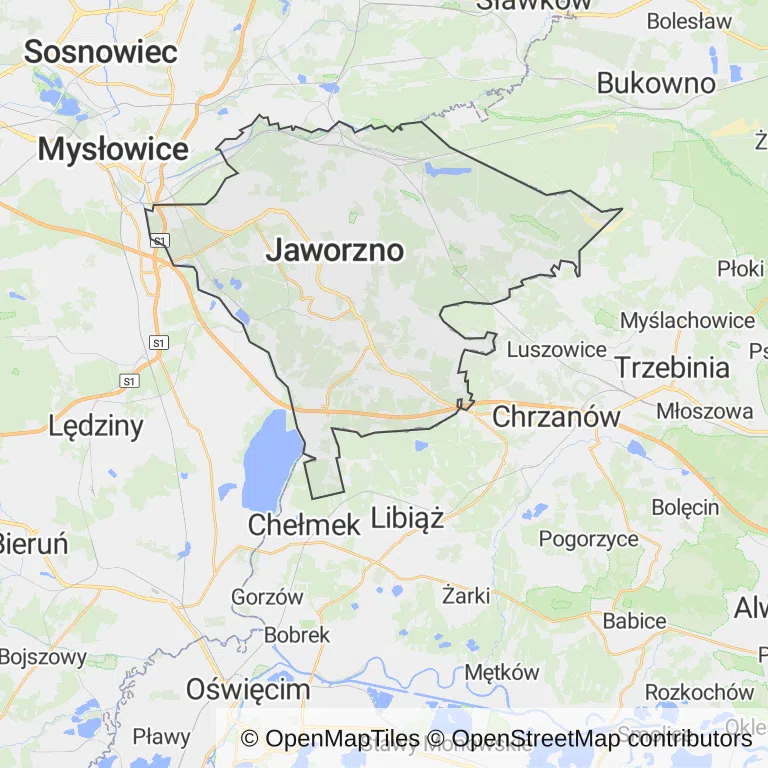 Mapa z zaznaczonym Jaworznem