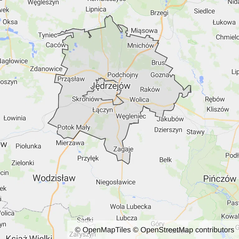 Mapa z zaznaczonym Jędrzejowem