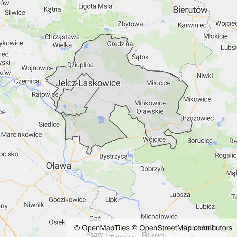 Mapa z zaznaczonymi Jelczu-Laskowicami