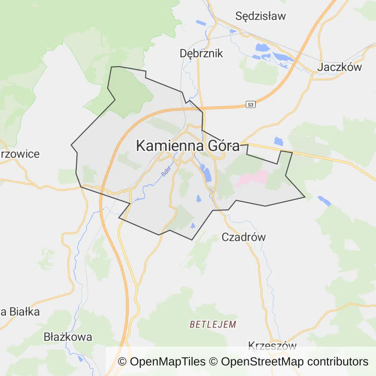 Mapa z zaznaczoną Kamiennej Górze