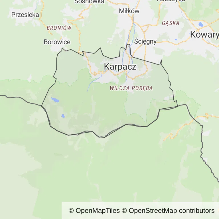 Mapa z zaznaczonym Karpaczem
