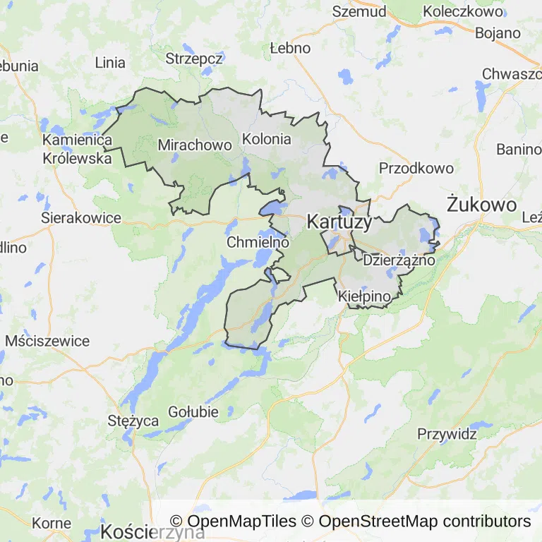 Mapa z zaznaczonym Kartuzami