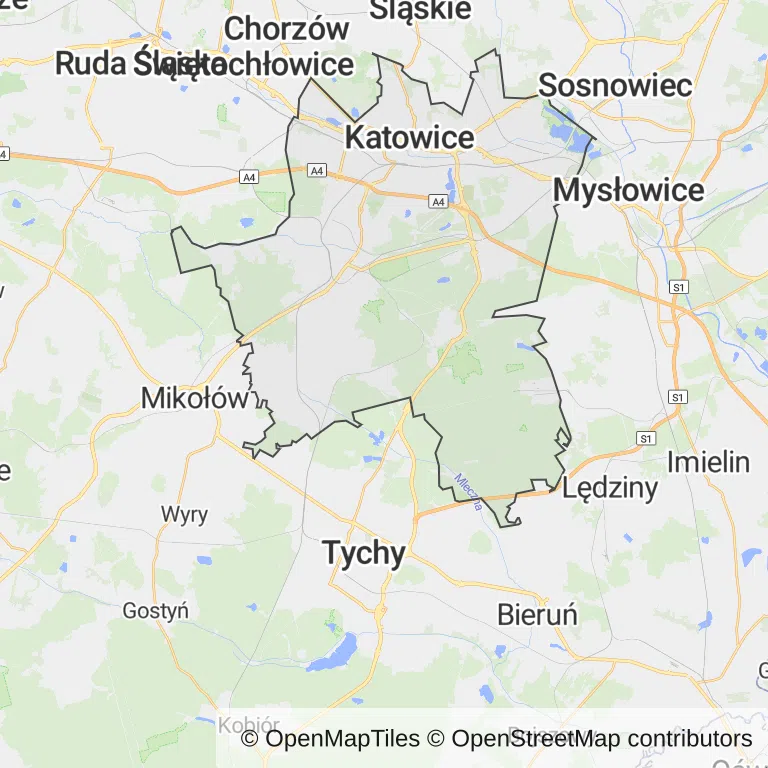 Mapa z zaznaczonymi Katowicami