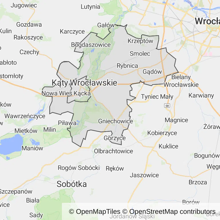 Mapa z zaznaczonym Kątach Wrocławskich
