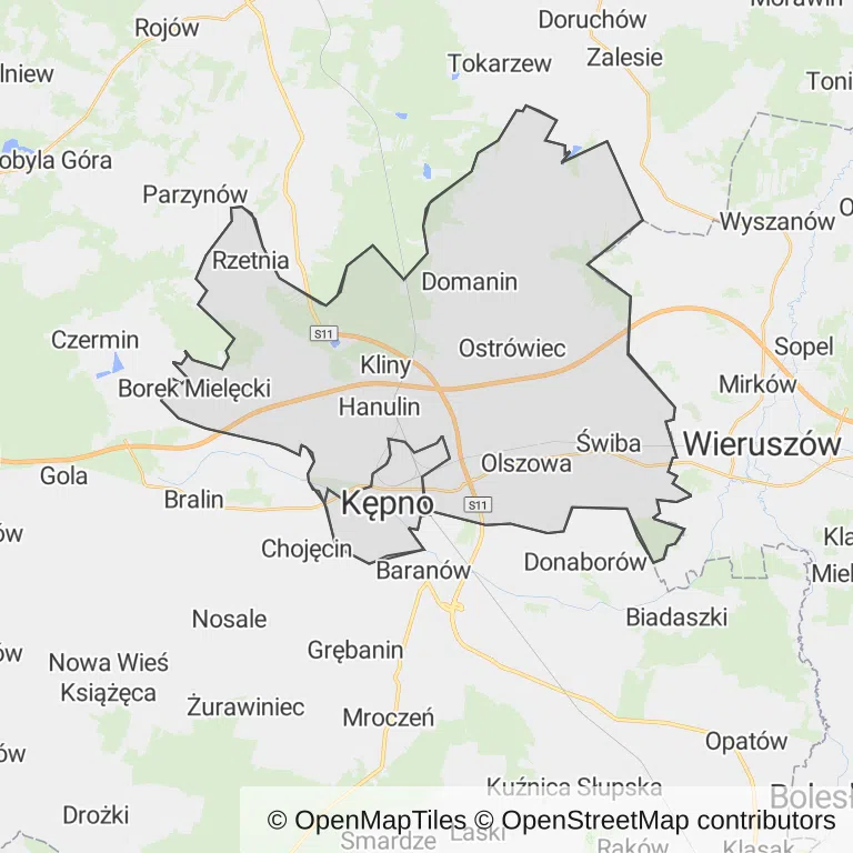 Mapa z zaznaczonym Kępnem