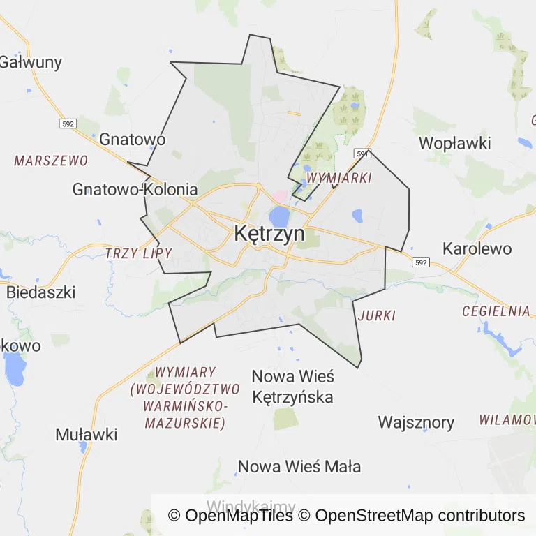Mapa z zaznaczonym Kętrzynem