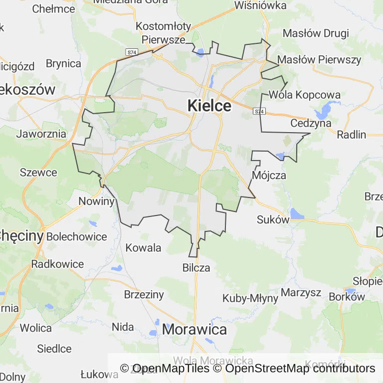 Mapa z zaznaczonymi Kielcami