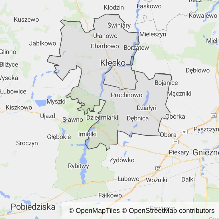 Mapa z zaznaczonym Kłeckiem