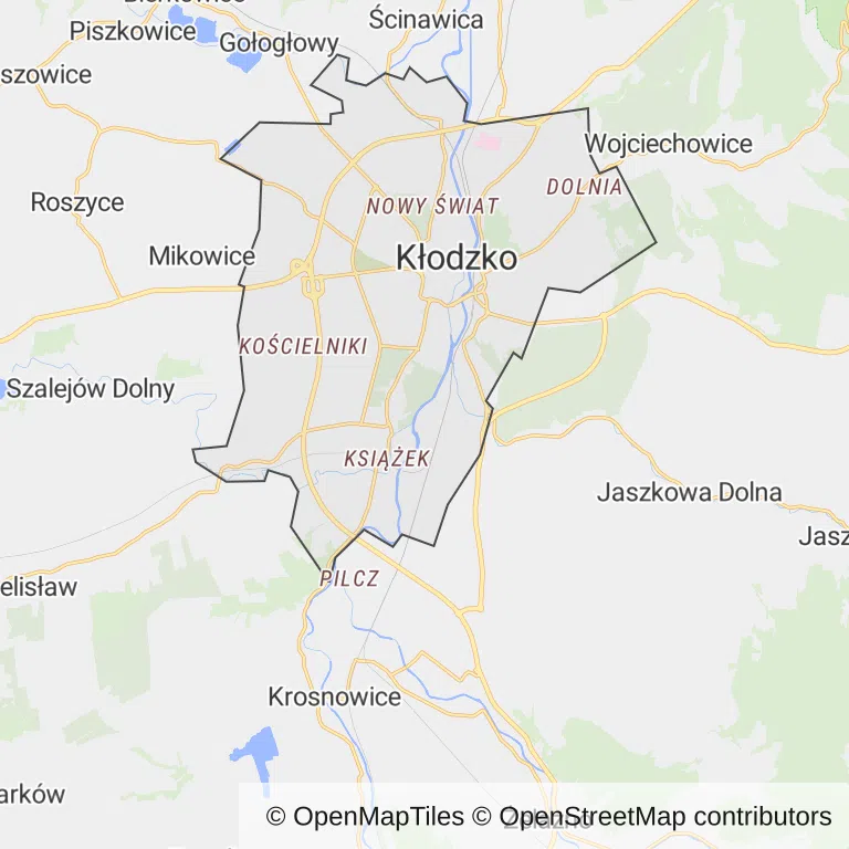 Mapa z zaznaczonym Kłodzkiem
