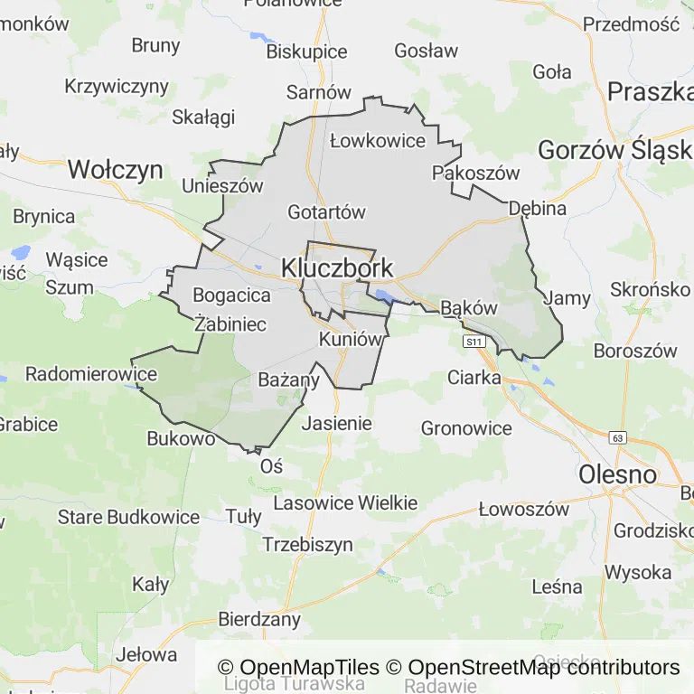 Mapa z zaznaczonym Kluczborkiem