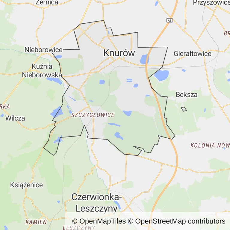 Mapa z zaznaczonym Knurowem