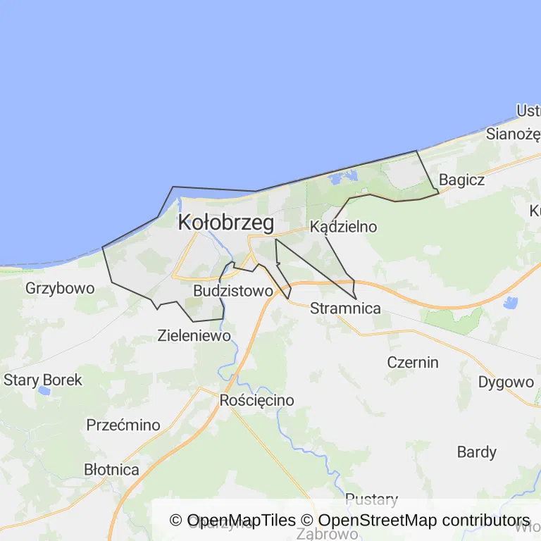 Mapa z zaznaczonym Kołobrzegiem