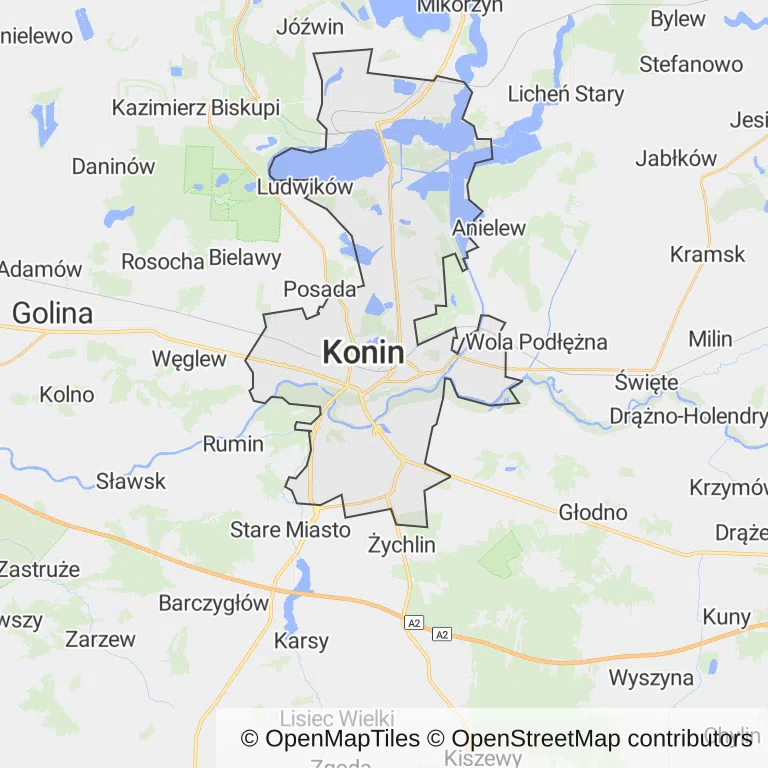 Mapa z zaznaczonym Koninem